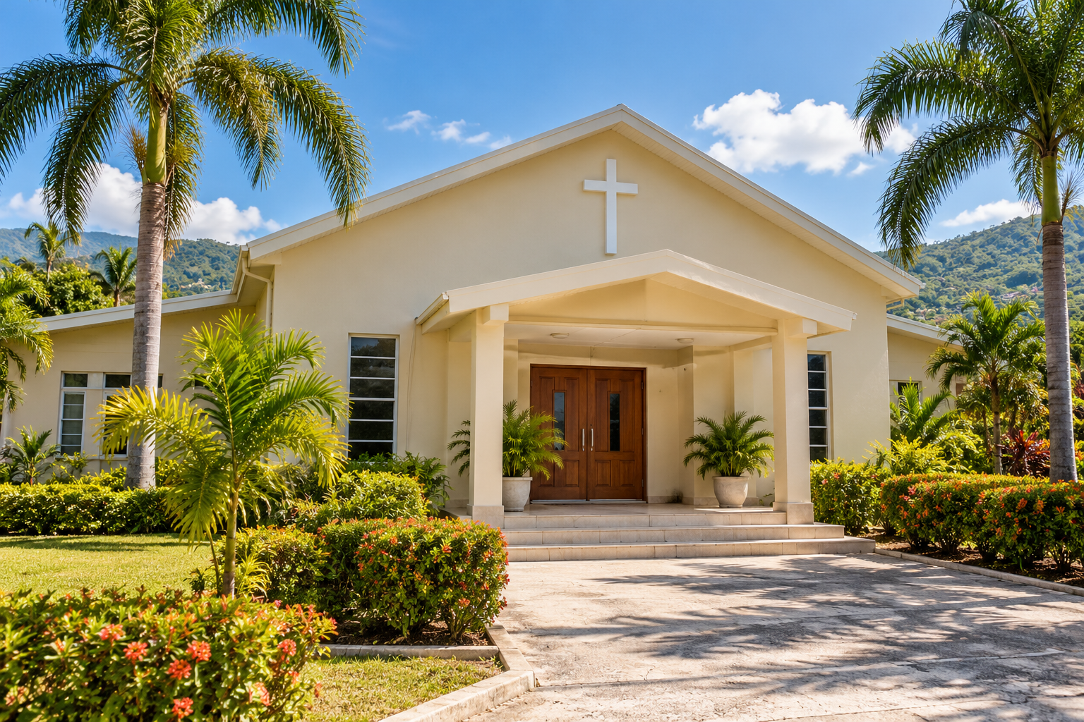 Illustrative cream church exterior with tropical greenery and a welcoming entrance