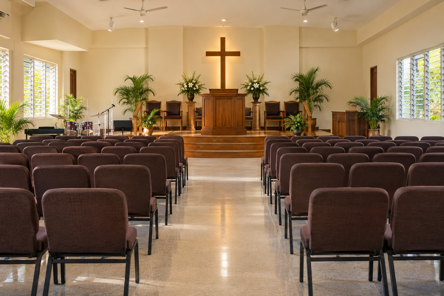 Illustrative sanctuary with a central aisle, seating and a wooden pulpit in warm daylight