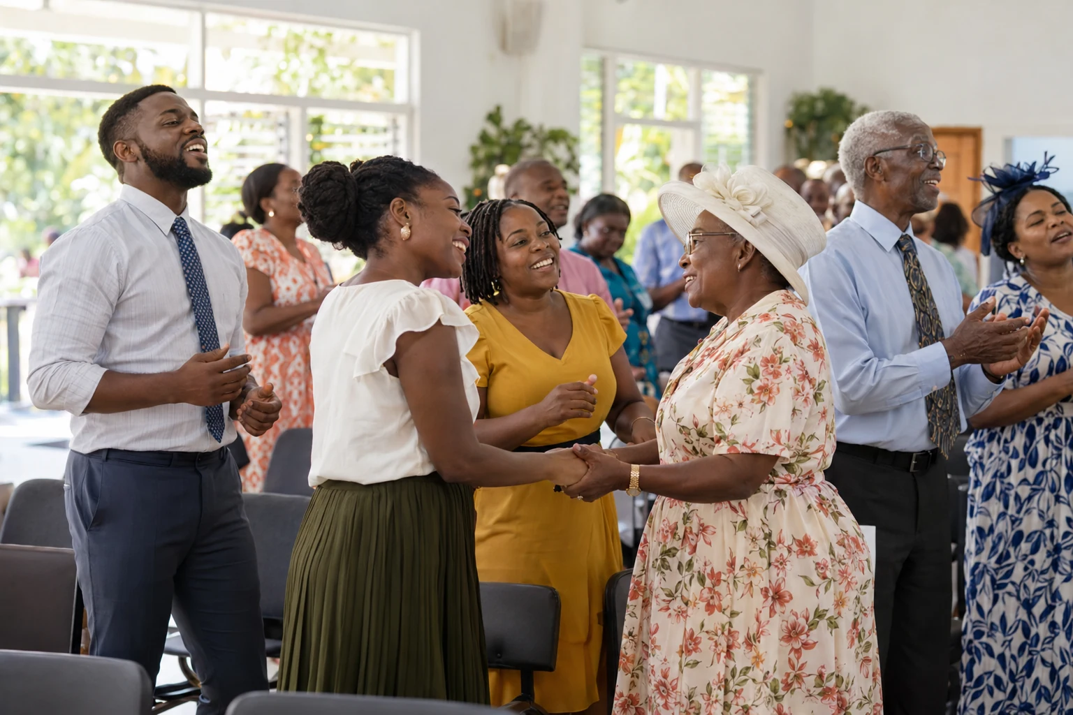 Illustrative Jamaican congregation sharing a warm moment of worship and fellowship